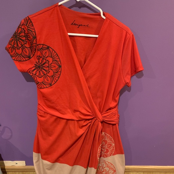 Desigual Red Short Sleeve Knotted Karlie Dress - Picture 1 of 6